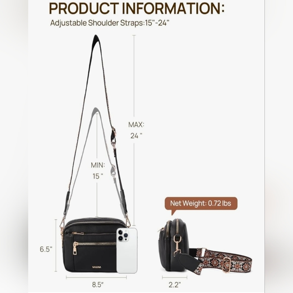 Brand New In Package- Telena Black Crossbody Bag with Patterned Strap - Picture 2 of 5